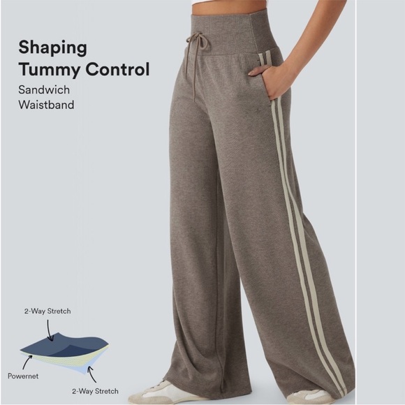 HALARA Pants - Ribbed Knit High Waisted Tummy Control Drawstring Casual Wide Leg Pants Pockets